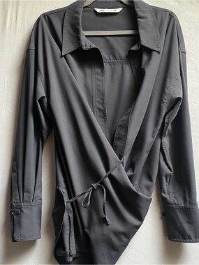 Zara Flowy Wrap Blouse Draped Tie Back Long Sleeve Shirt S